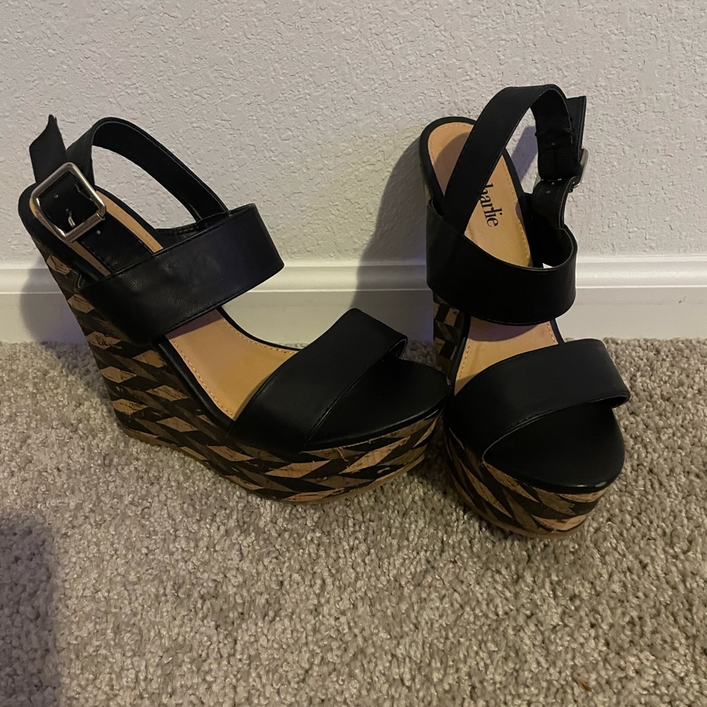 Black Patterned Platform Wedge Sandals with Ankle Strap